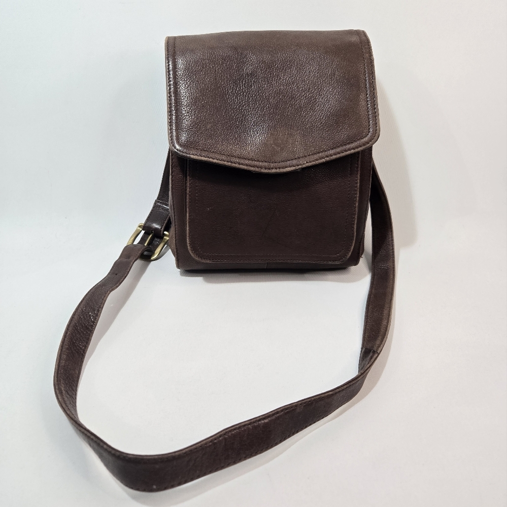 Vintage Fossil Brown Soft Pebble Leather Organizer Messenger Bag Purse